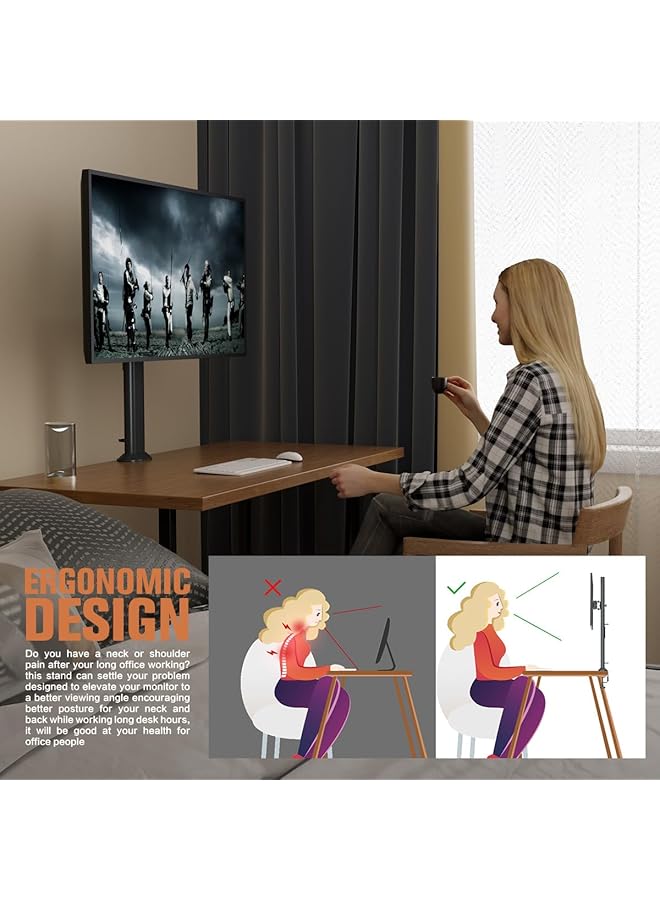إيروريكس حامل شاشة مكتب طويل واحد مناسب لشاشة كمبيوتر منحنية مسطحة مقاس 27 بوصة إلى 43 بوصة مع ارتفاع دوار قابل للتعديل يتحمل حتى 35 كجم، أسود - Image 5