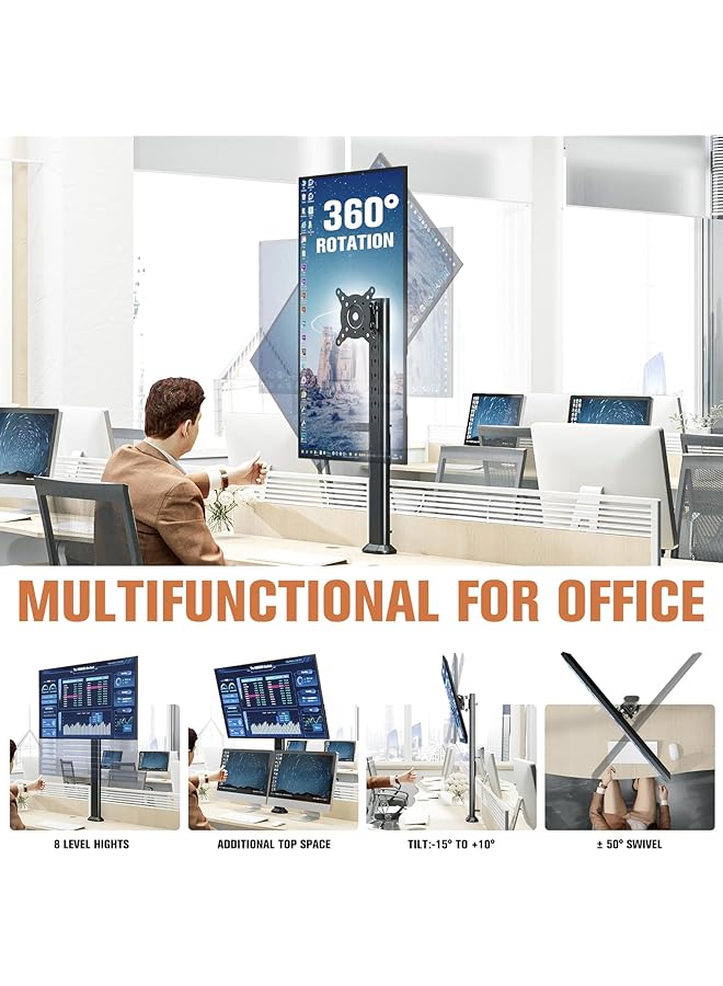 إيروريكس حامل شاشة مكتب طويل واحد مناسب لشاشة كمبيوتر منحنية مسطحة مقاس 27 بوصة إلى 43 بوصة مع ارتفاع دوار قابل للتعديل يتحمل حتى 35 كجم، أسود - Image 3