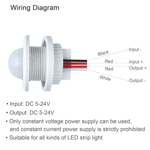 Yogcow DC 12V/24V Motion Sensor Light Switch,PIR Smart Infrared Human Body Detection,Adjustable Delay & Light Sensitivity,for LED Strip Lights,Cabinets,Closets,Wardrobes,Pantry,Under-Bed Lighting - Image 5