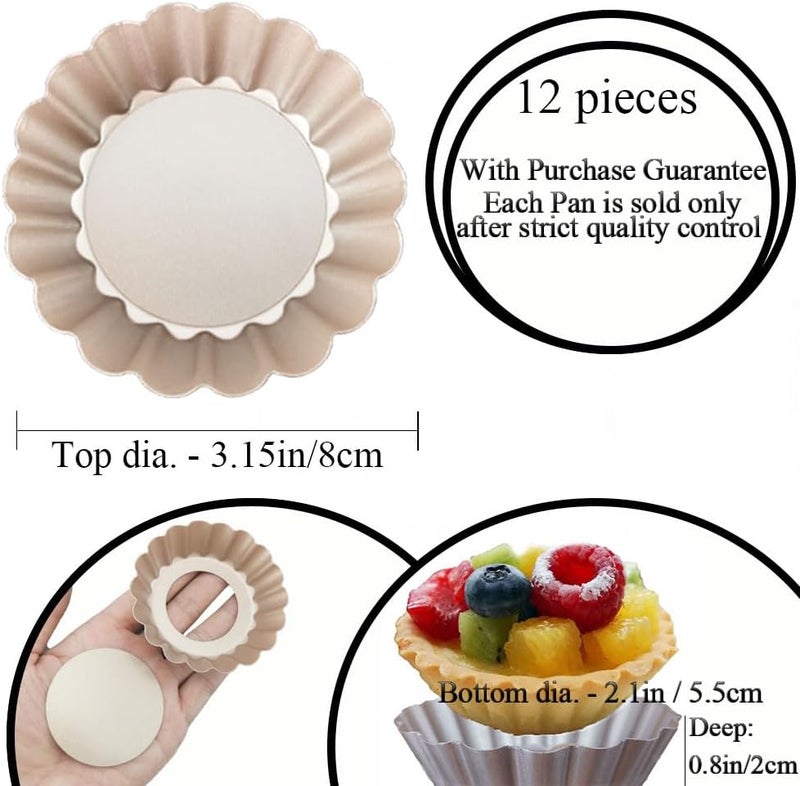 DATANYA Mini Tart Pans Removable Bottom 3 Inch, Carbon Steel Nonstick Quiche Pan Pie Tart Tin Mold, 0.8inches High for Baking Tartlets, Pies, Cakes, Cupcakes - Premium Champagne Gold 12PCS - Image 2