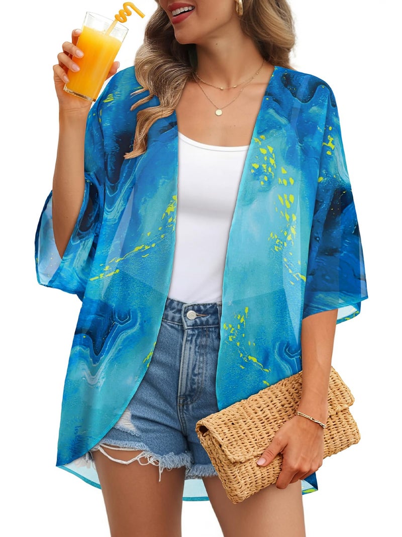 JILUVIN Womens Kimono Cardigans Beach Cover ups Swimwear Puff Sleeve Loose Casual Summer Tops (Blue Star Galaxy, L) - Image 1