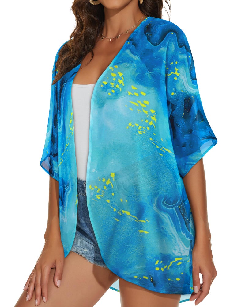 JILUVIN Womens Kimono Cardigans Beach Cover ups Swimwear Puff Sleeve Loose Casual Summer Tops (Blue Star Galaxy, L) - Image 4