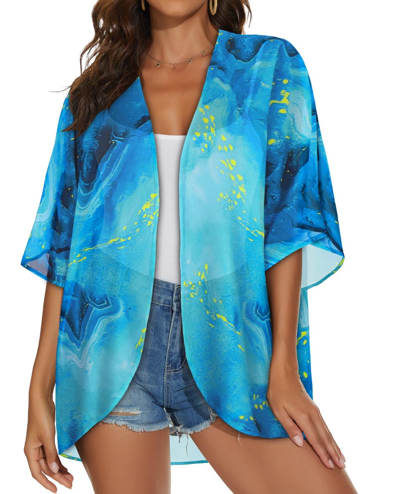 JILUVIN Womens Kimono Cardigans Beach Cover ups Swimwear Puff Sleeve Loose Casual Summer Tops (Blue Star Galaxy, L) - Image 2