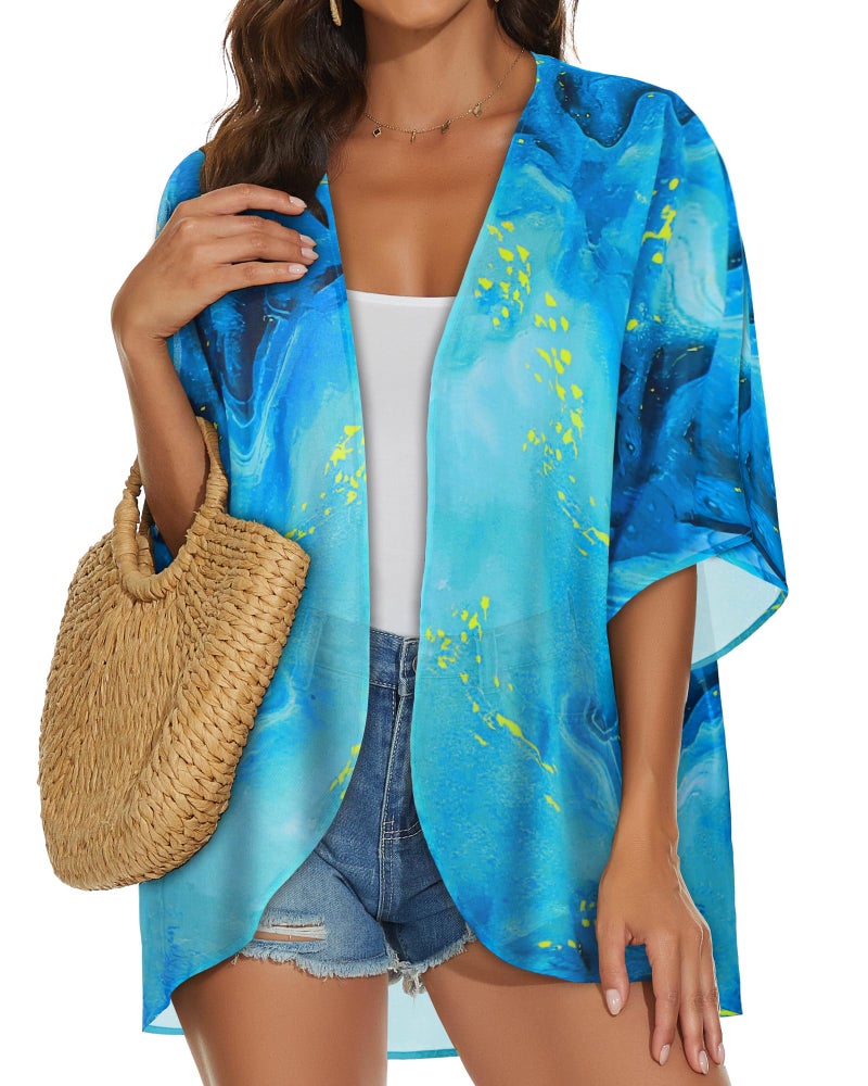 JILUVIN Womens Kimono Cardigans Beach Cover ups Swimwear Puff Sleeve Loose Casual Summer Tops (Blue Star Galaxy, L) - Image 3