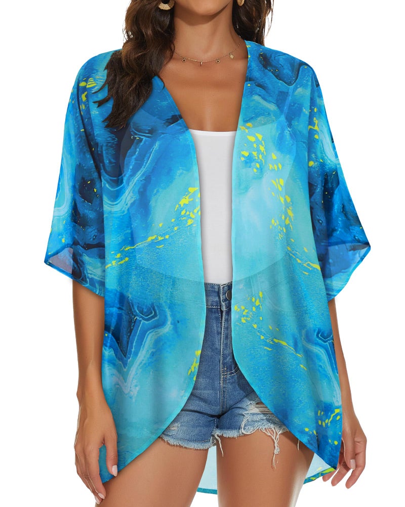 JILUVIN Womens Kimono Cardigans Beach Cover ups Swimwear Puff Sleeve Loose Casual Summer Tops (Blue Star Galaxy, L) - Image 5