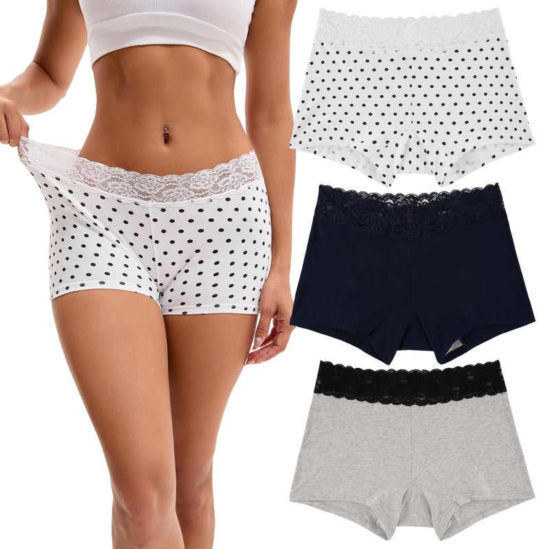 INNERSY Women's Cotton Boxer Shorts Underwear Cotton Lace Boyshorts Panties for Women 3 Pack(White/Blue/Gray,Small) - Image 1