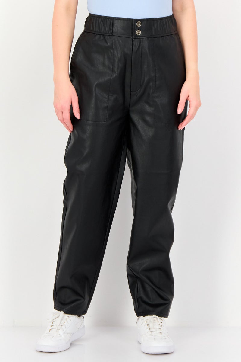 Reiko Women Baggy Fit Solid Faux Leather Straight Leg Pants, Black - Image 1