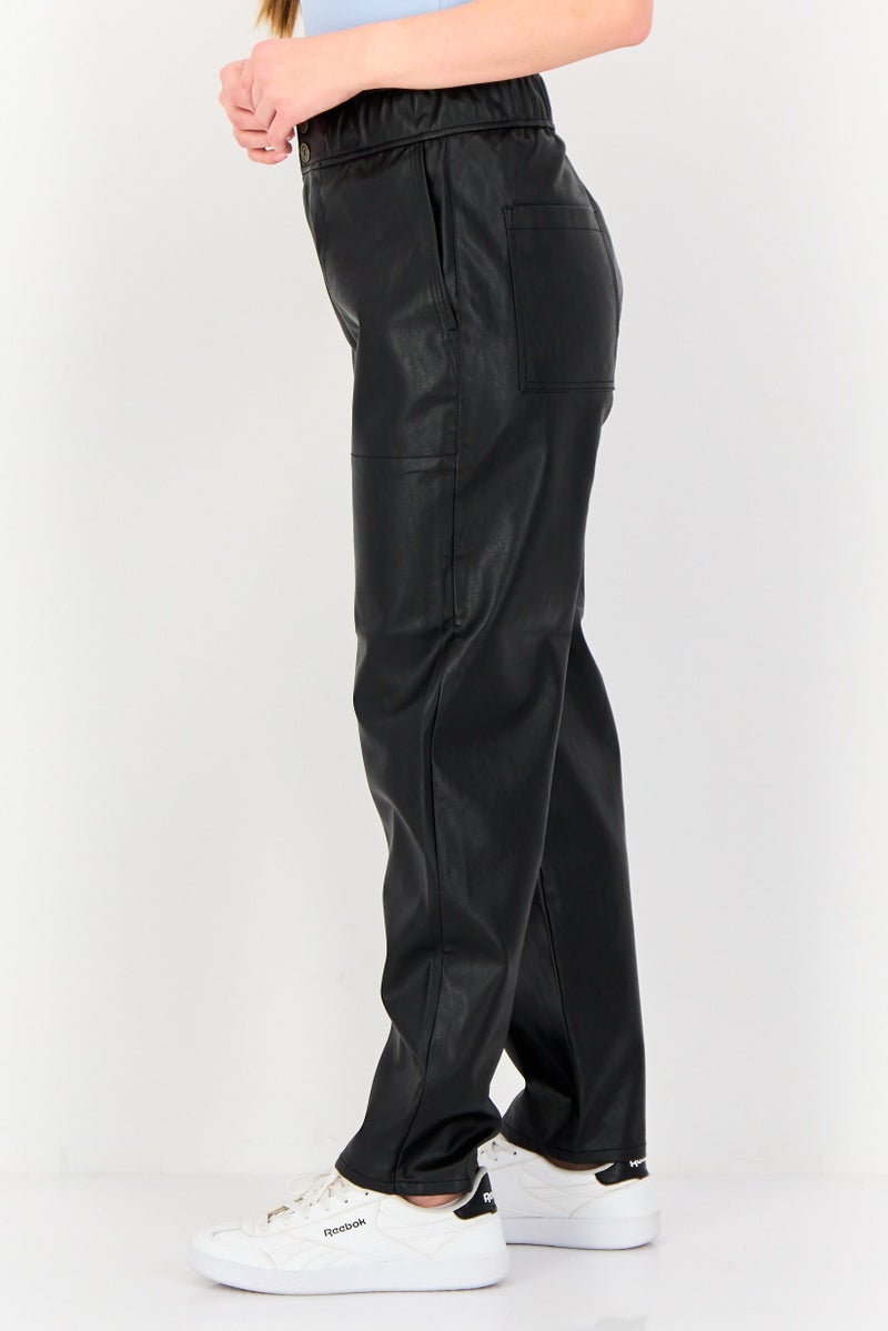 Reiko Women Baggy Fit Solid Faux Leather Straight Leg Pants, Black - Image 2