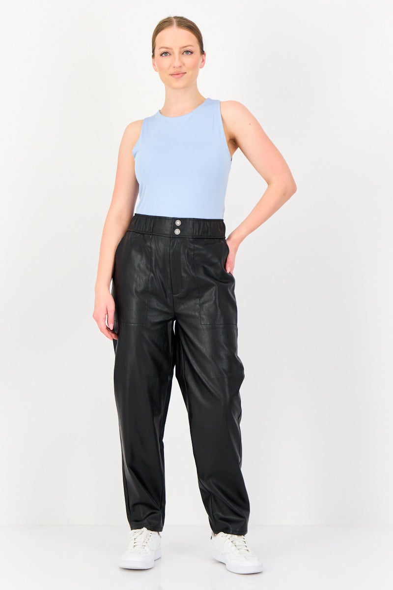 Reiko Women Baggy Fit Solid Faux Leather Straight Leg Pants, Black - Image 4
