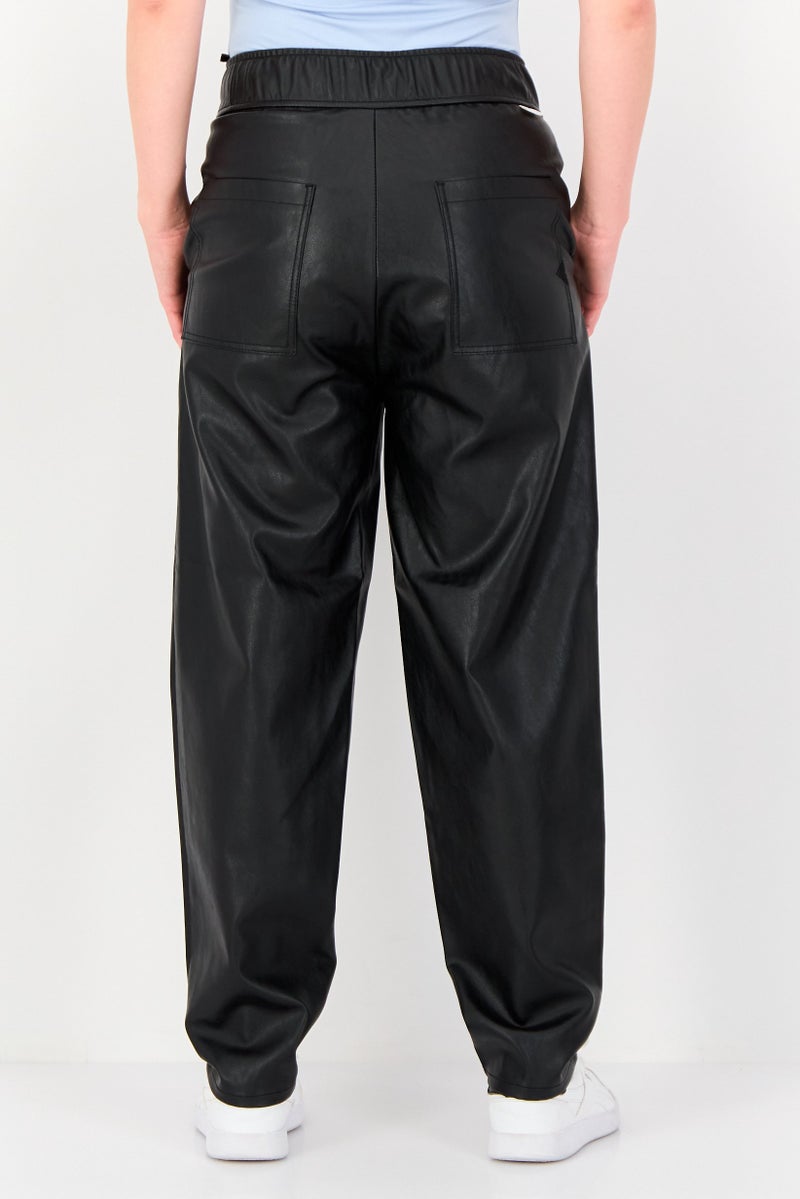 Reiko Women Baggy Fit Solid Faux Leather Straight Leg Pants, Black - Image 3
