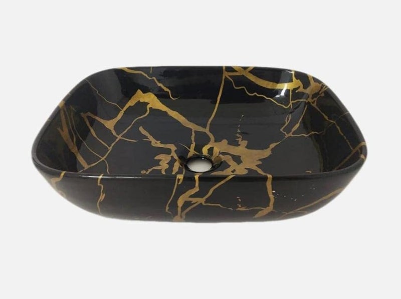 OSOSAM Premium Designer Table Top Ceramic Wash BasinVessel Sink with Slim Rim for Bathroom 18 x 13 x 55 Inch Black golden Glossy Finish - Image 3