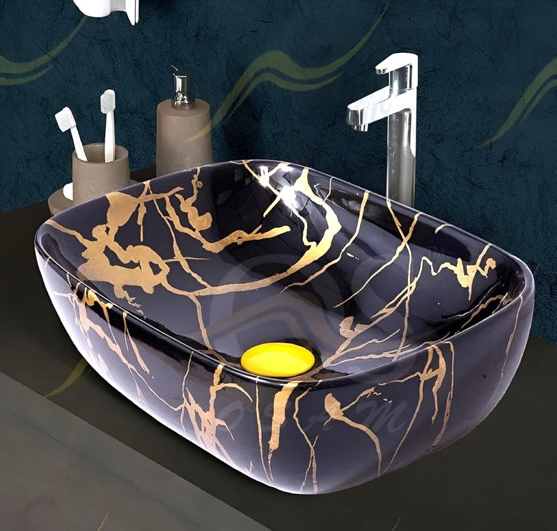 OSOSAM Premium Designer Table Top Ceramic Wash BasinVessel Sink with Slim Rim for Bathroom 18 x 13 x 55 Inch Black golden Glossy Finish - Image 1