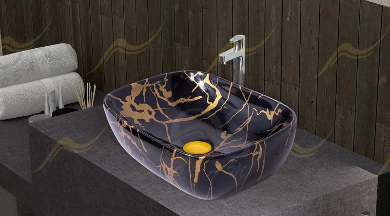 OSOSAM Premium Designer Table Top Ceramic Wash BasinVessel Sink with Slim Rim for Bathroom 18 x 13 x 55 Inch Black golden Glossy Finish - Image 4