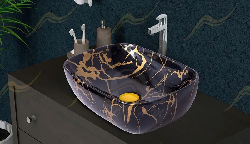 OSOSAM Premium Designer Table Top Ceramic Wash BasinVessel Sink with Slim Rim for Bathroom 18 x 13 x 55 Inch Black golden Glossy Finish - Image 5