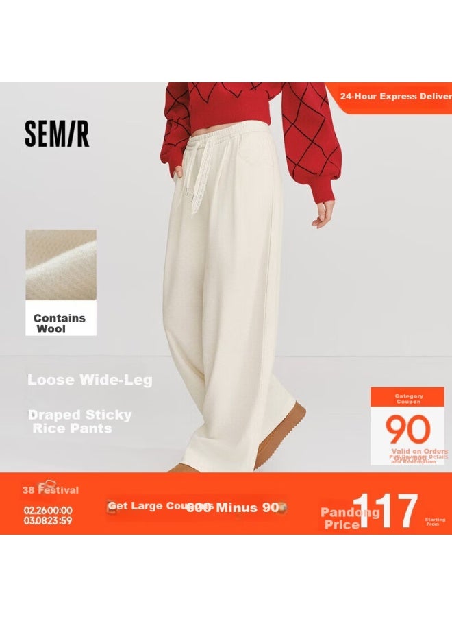 Semir Women's Casual Spring Pleated Elastic Waist Lace Wide Leg Pants  109126127002 - Image 1