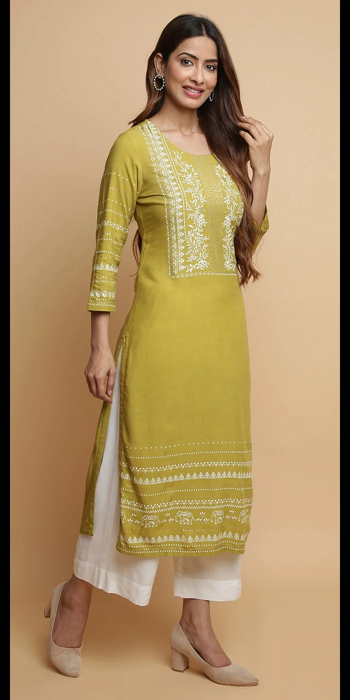 Biba Green Rayon Straight Kurta Pants Set