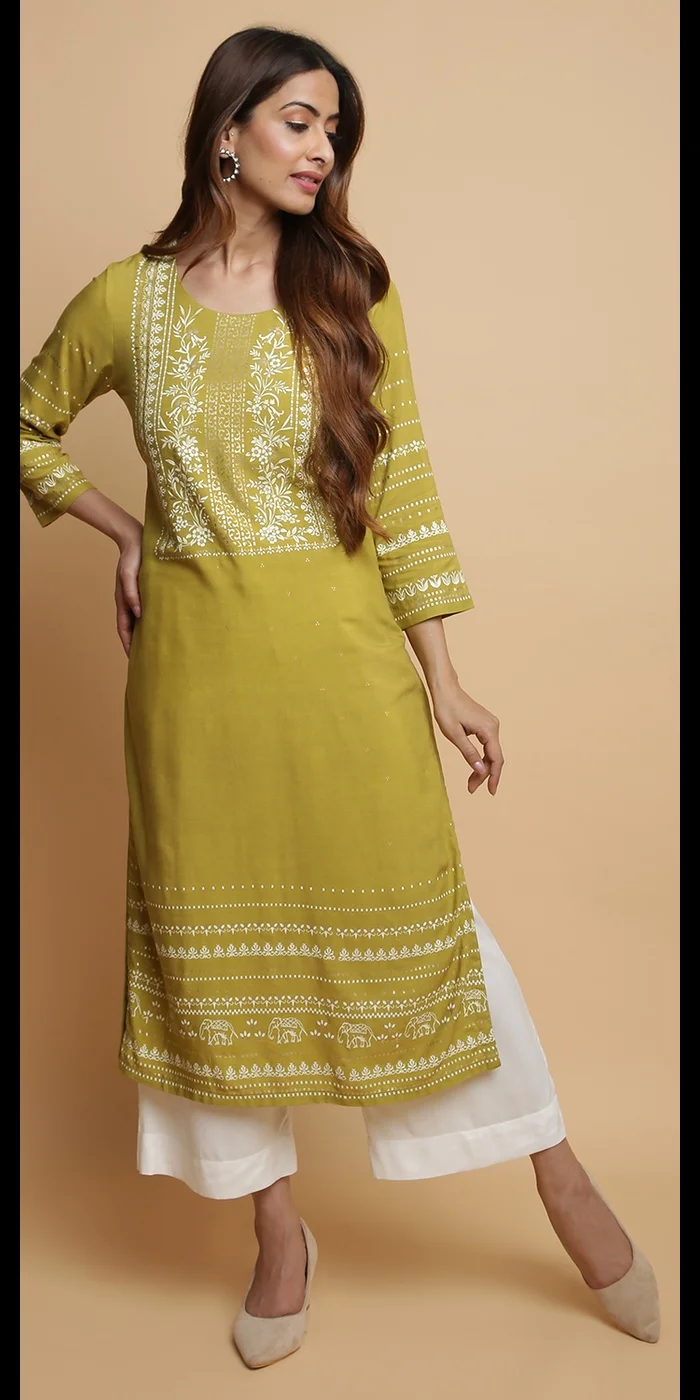 Biba Green Rayon Straight Kurta Pants Set