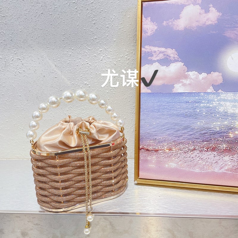 Metal Shiny Handmade Woven Diamond Vegetable Basket Bucket Banquet Silk Birdcage Pearl Hand Crossbody Bag - Image 2