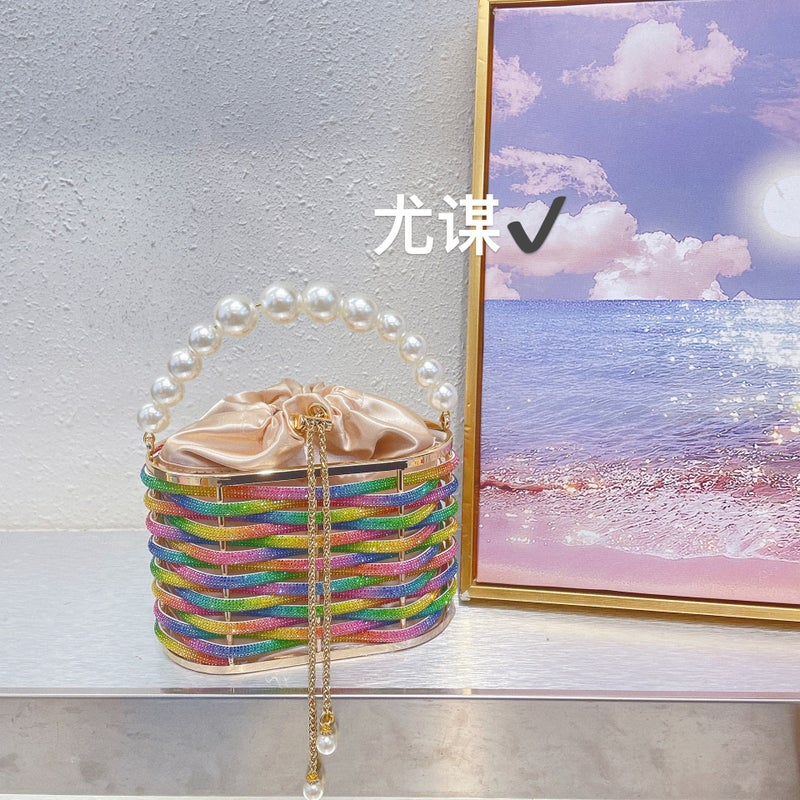 Metal Shiny Handmade Woven Diamond Vegetable Basket Bucket Banquet Silk Birdcage Pearl Hand Crossbody Bag - Image 4