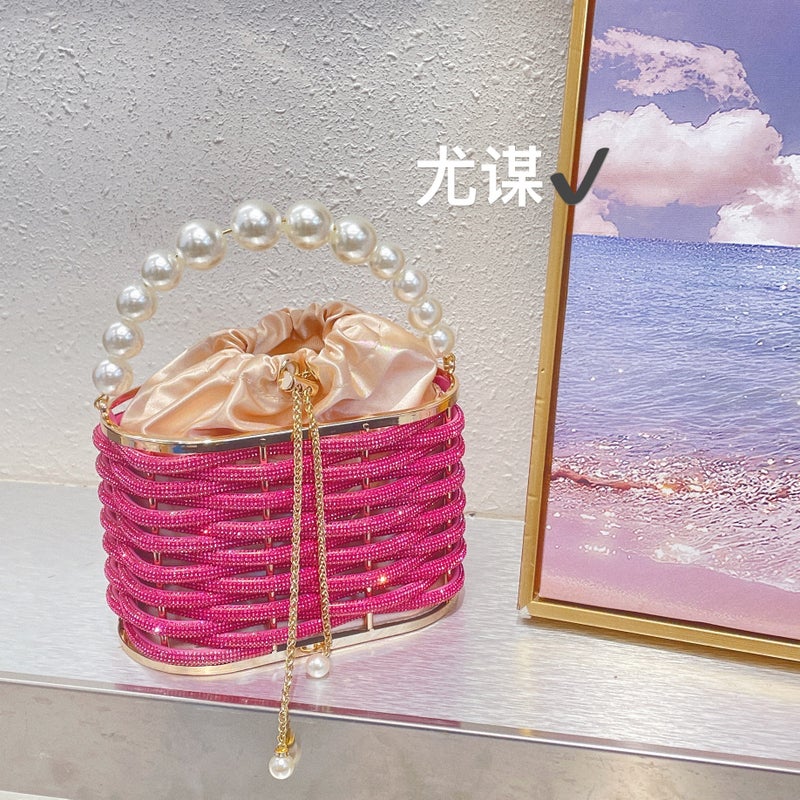 Metal Shiny Handmade Woven Diamond Vegetable Basket Bucket Banquet Silk Birdcage Pearl Hand Crossbody Bag - Image 1
