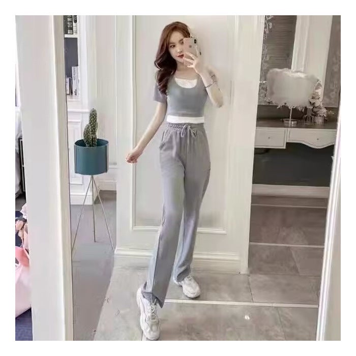 Summer Short-layered Top  Casual Pants Set Grey
