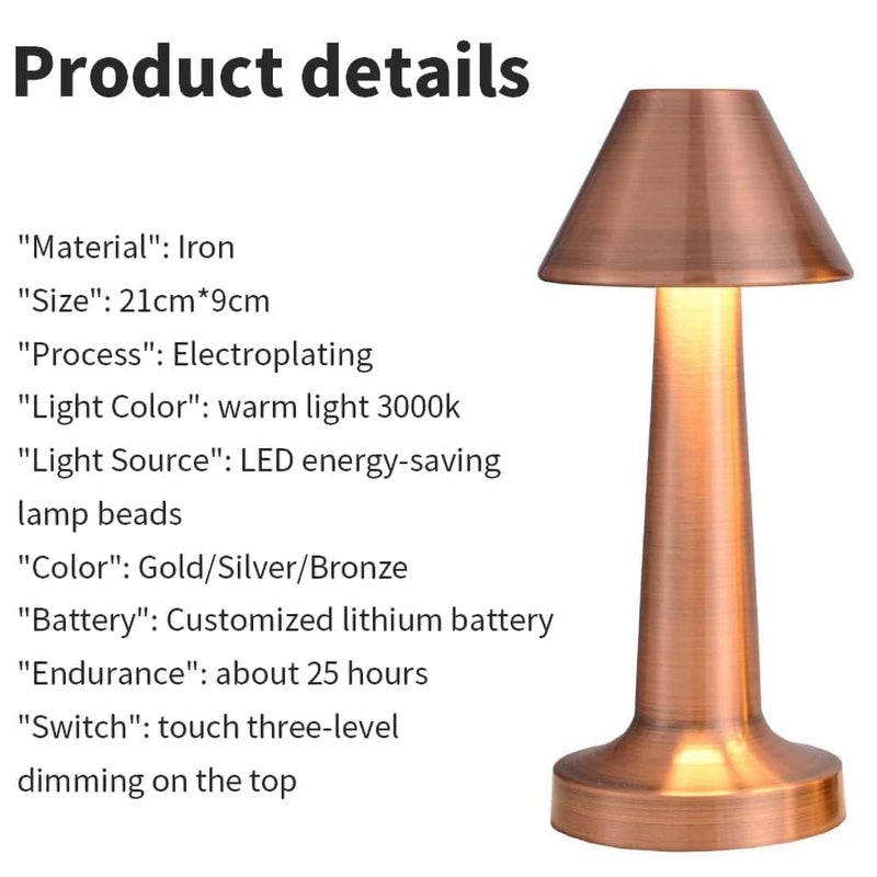 YORWAN Portable LED Table Lamp3 Color Touch Sensor Rechargeable and Dimmable Wireless Desk Lamp for Coffee Tables Restaurants3Levels Brightness Room Decor Table Lamp Rose Gold - Image 2