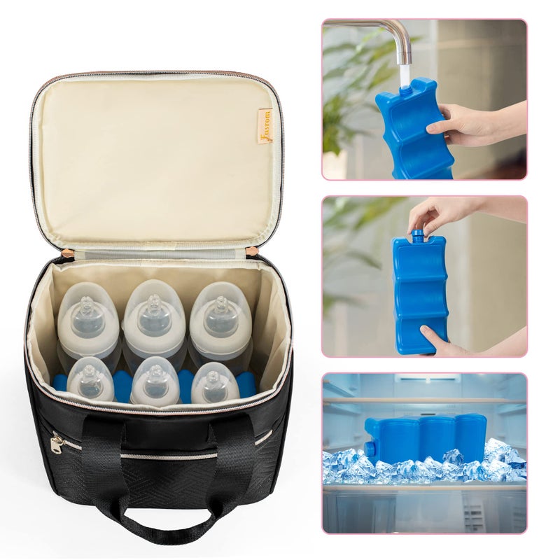 Fasrom Breastmilk Cooler Bag with Ice Pack Fits 6 Tall Baby Bottle Up to 9 Ounce for Milk Storage, Large Insulated Bottle Bag with Pockets for Nursing Moms Daycare or Travel, Black (Patent Design) - Image 2