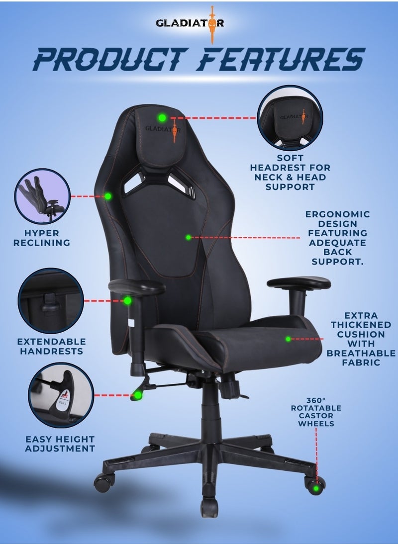 Gladiator - Multifunction High Quality Ergonomic Swivel Adjustable Height Gaming Chair Office Chair Leather High Back Reclining Function Ergonomic Design Comfortable Neck and Lumber Support Armrest Headrest Computer Chair for Home Office 73x127 cm - Image 1