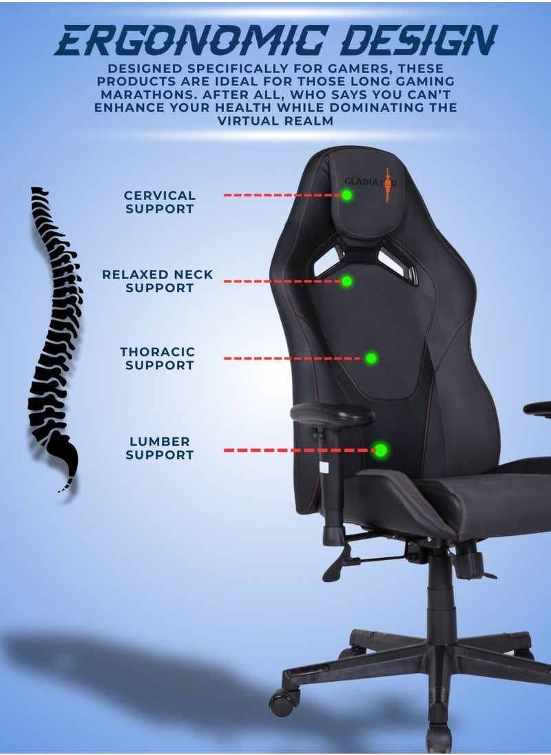 Gladiator - Multifunction High Quality Ergonomic Swivel Adjustable Height Gaming Chair Office Chair Leather High Back Reclining Function Ergonomic Design Comfortable Neck and Lumber Support Armrest Headrest Computer Chair for Home Office 73x127 cm - Image 1