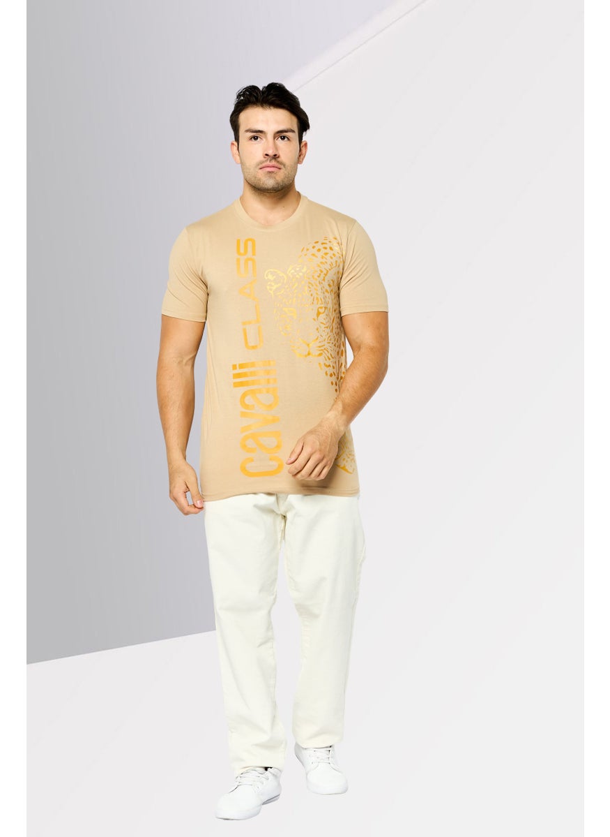 Cavalli Class Men Crew Neck Short Sleeve Brand Logo T-Shirt, Beige  - Image 3