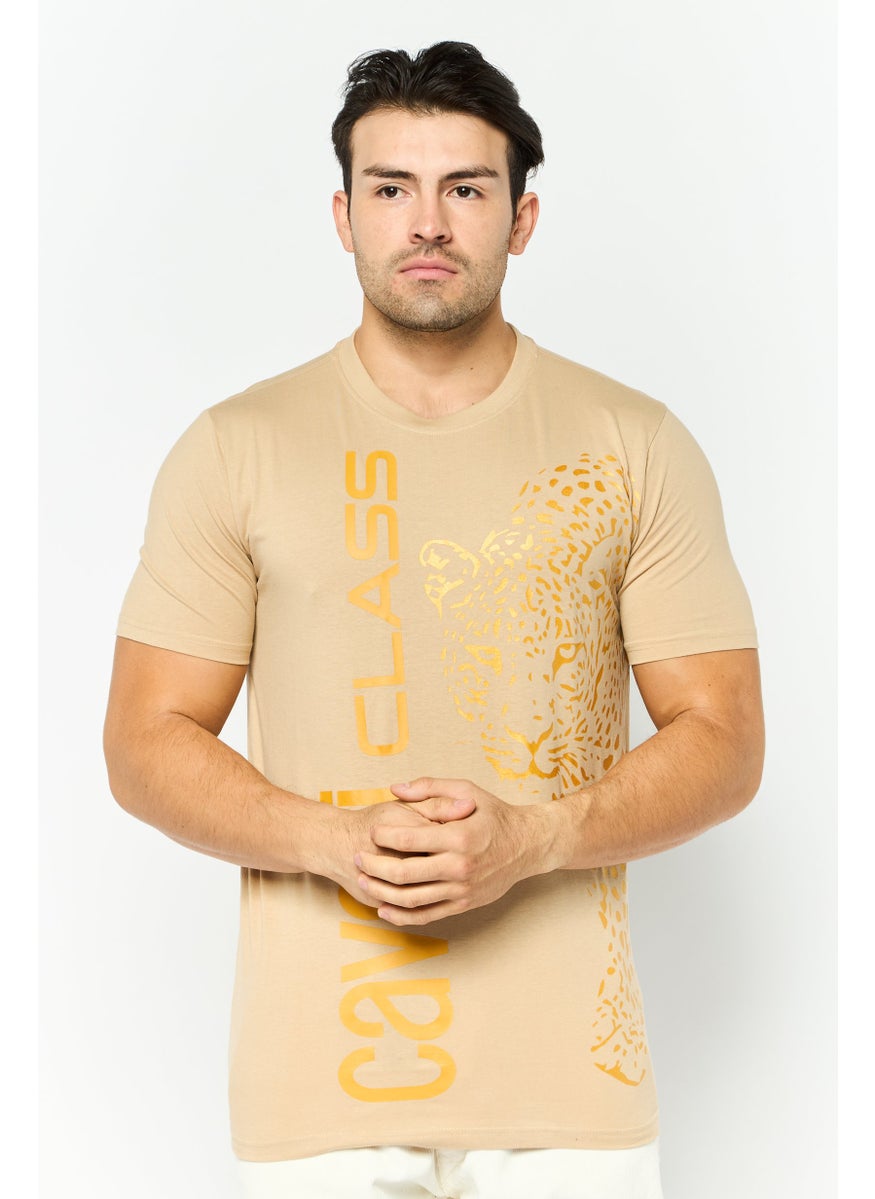 Cavalli Class Men Crew Neck Short Sleeve Brand Logo T-Shirt, Beige  - Image 1