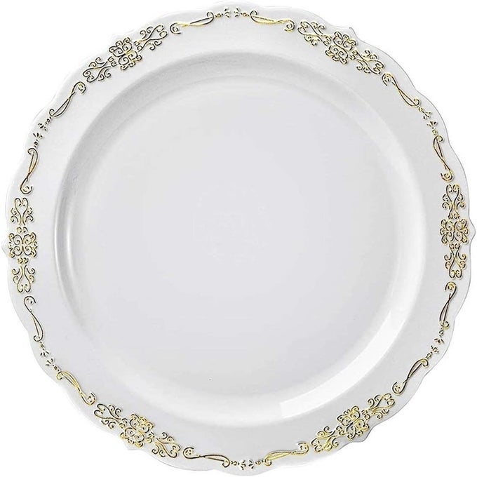 ELEGANT CLEAR WITH GOLD VINTAGE RIM ROUND DISPOSABLE PLASTIC SALAD PLATES 75 PACKS OF 10 PREMIUM QUALITY BPAFREE MATERIALS PERFECT FOR ANY OCCASION