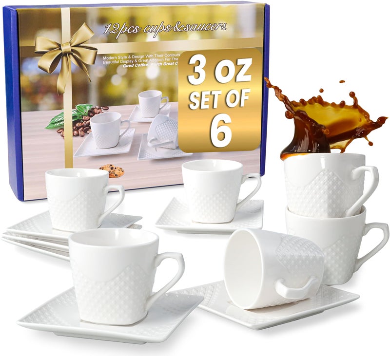 FUOCCI Espresso Cups With Saucer - 3 oz (90 ml) Turkish Coffee Cup, Small Modern Embossed Porcelain for Expresso, Cuban & Arabic Coffee, Elegant White (Set of 6) - Image 1