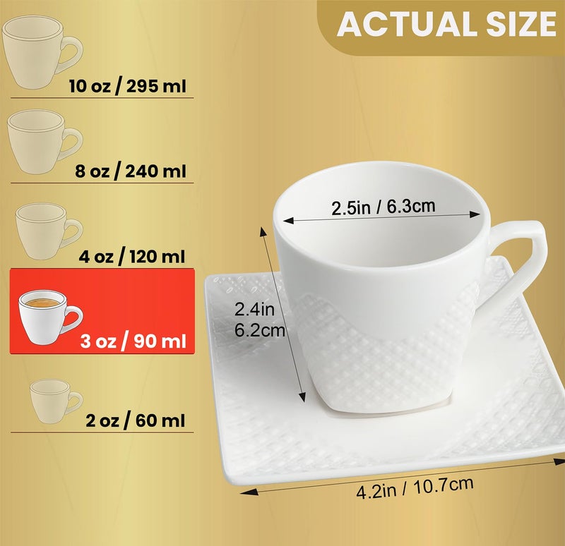 FUOCCI Espresso Cups With Saucer - 3 oz (90 ml) Turkish Coffee Cup, Small Modern Embossed Porcelain for Expresso, Cuban & Arabic Coffee, Elegant White (Set of 6) - Image 4
