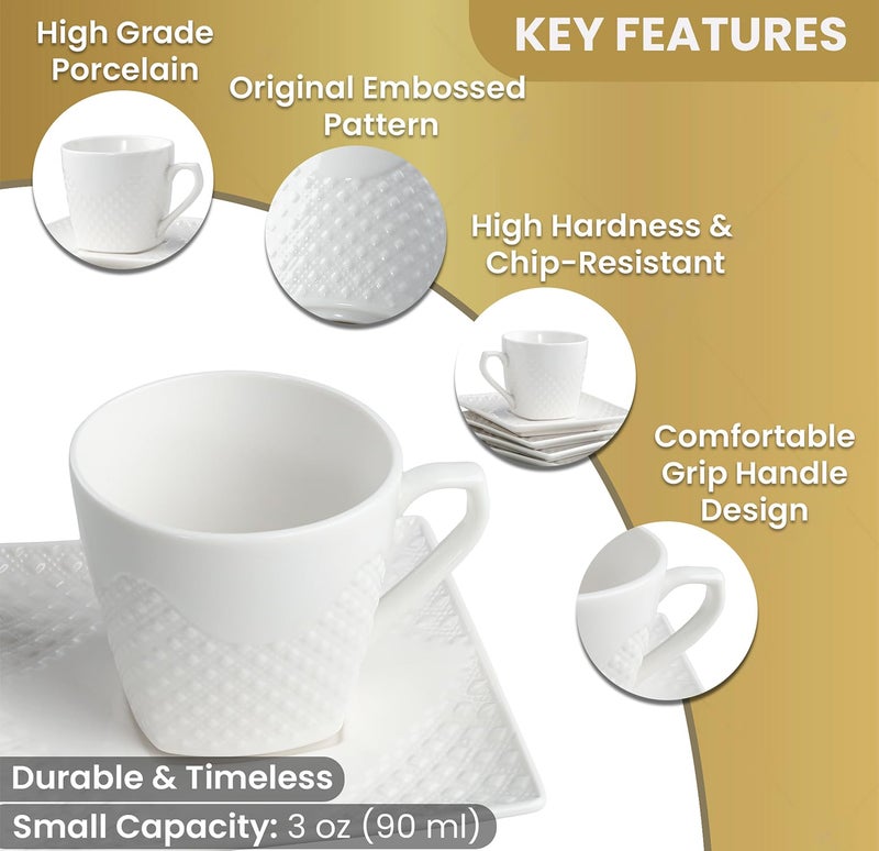 FUOCCI Espresso Cups With Saucer - 3 oz (90 ml) Turkish Coffee Cup, Small Modern Embossed Porcelain for Expresso, Cuban & Arabic Coffee, Elegant White (Set of 6) - Image 3