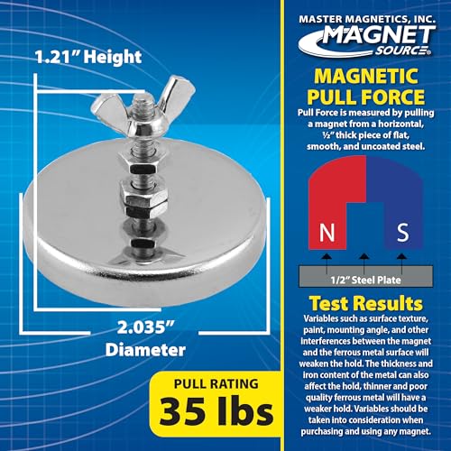 Master Magnetics ماجنتيك ماستر مغناطيس دائري بقاعدة سيراميكية مع برغي وصواميل وصمولة جناح - حزمة مغناطيسات قوية للاستخدام الثقيل - سحب 35 رطل لكل منها - مطلي بالنيكل - 2.04" قطر - 1.25" ارتفاع - 5 قطع - Image 4