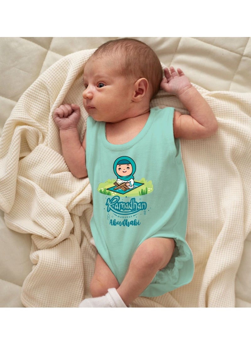 PRINTSHOP4ME - My First Ramadan Abu Dhabi Printed Outfit - Romper for Newborn Babies - Sleeve Less Cotton Baby Romper for Baby Girls - Celebrate Baby's First Ramadan in Style - Image 1