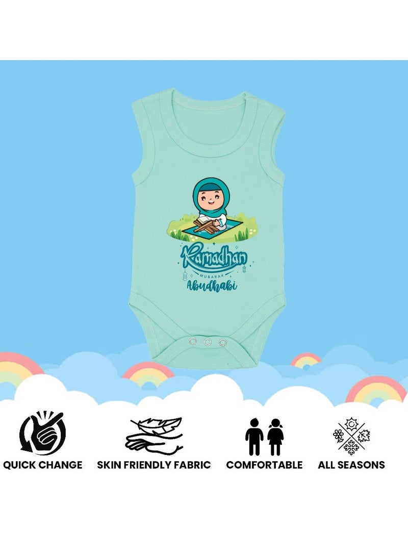 PRINTSHOP4ME - My First Ramadan Abu Dhabi Printed Outfit - Romper for Newborn Babies - Sleeve Less Cotton Baby Romper for Baby Girls - Celebrate Baby's First Ramadan in Style - Image 1