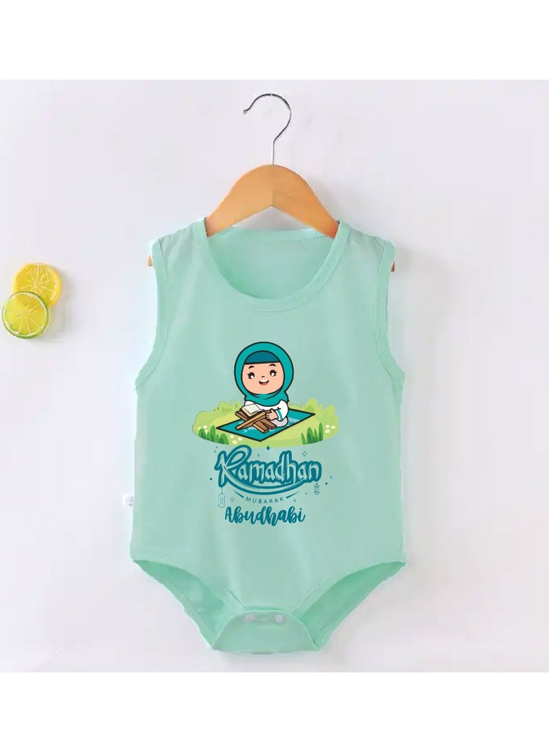 PRINTSHOP4ME - My First Ramadan Abu Dhabi Printed Outfit - Romper for Newborn Babies - Sleeve Less Cotton Baby Romper for Baby Girls - Celebrate Baby's First Ramadan in Style - Image 1