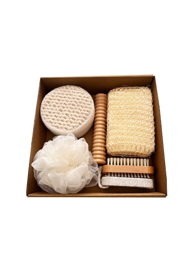 6PCS Natural Bath Spa Set – Exfoliating Shower Kit with Sisal Scrubber, Foot Pumice Stone, Massage Roller, Nail Brush & Bath Sponge Puff Body Care Set - Image 1