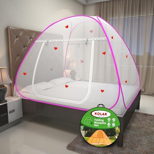 Kolar Mosquito Net for Double Bed | Polyester | King Size Foldable Machardani with Heart Design |Strong and Durable|Tent Type Corrosion Resistant - Pink Color - Image 1