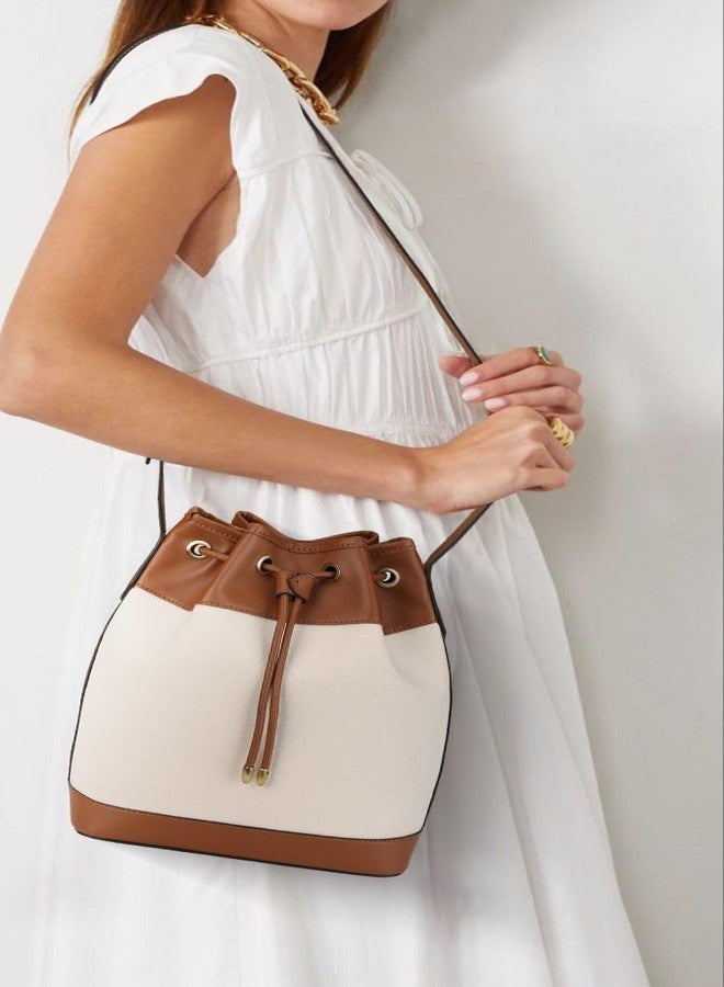 AFKOMST Leather Bucket Bags and Drawstring Crossbody Purse for Women Medium Tote and Hobo Handbags(Bei Brown) - Image 2