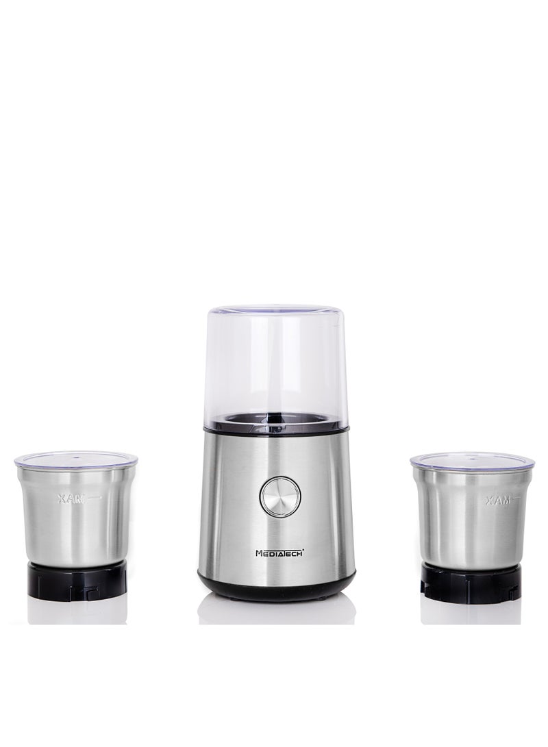 ميديا تيك مطحنة التوابل والقهوة 2 في 1 من، مطحنة جافة ورطبة، 4 شفرات من الفولاذ المقاوم للصدأ، 220 وات، ستانلس ستيل، MT-CG907، فضي - Image 1