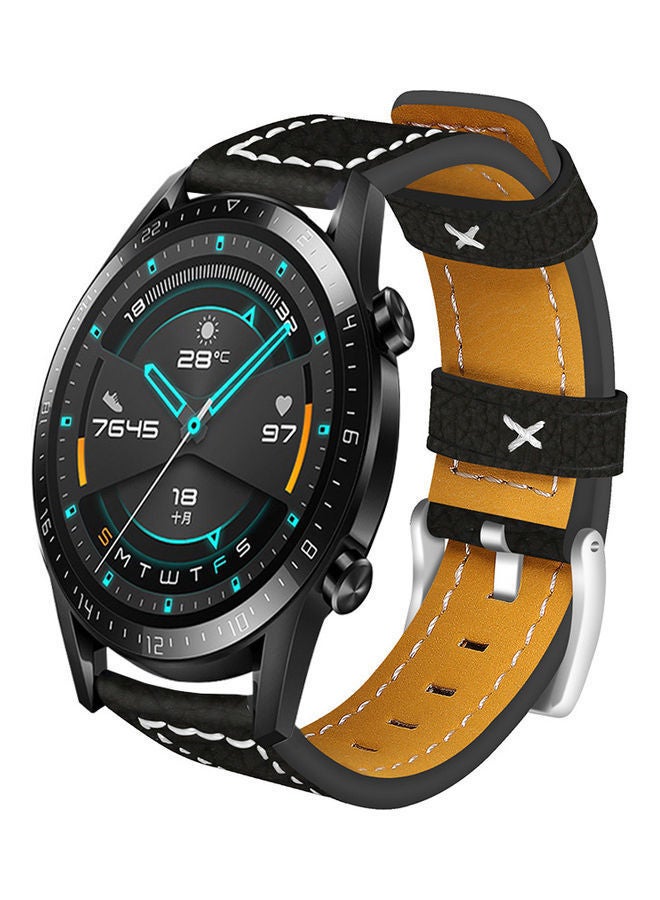 NIBEMINENT Leather Replacement Watch Strap For Huawei Gt 2 46mm / Honor Magic Black/Beige  - Image 3