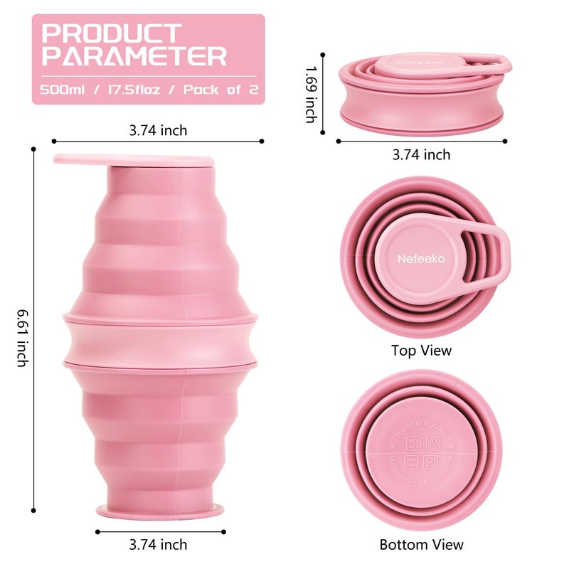 Nefeeko Collapsible Water Bottle,17oz(500ml) Reuseable BPA Free Silicone Foldable Water Bottles for Travel Gym Camping Hiking, Portable Leak Proof Sports Water Bottle with Carabiner - Image 2