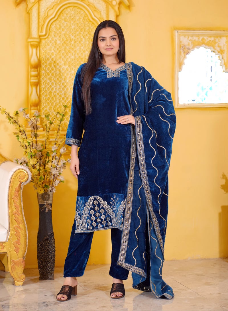 Super Asian Velvet Anarkali Set with Sequence Embroidery, Micro Inner, Full-Stitched Pants & Velvet Dupatta - Image 1