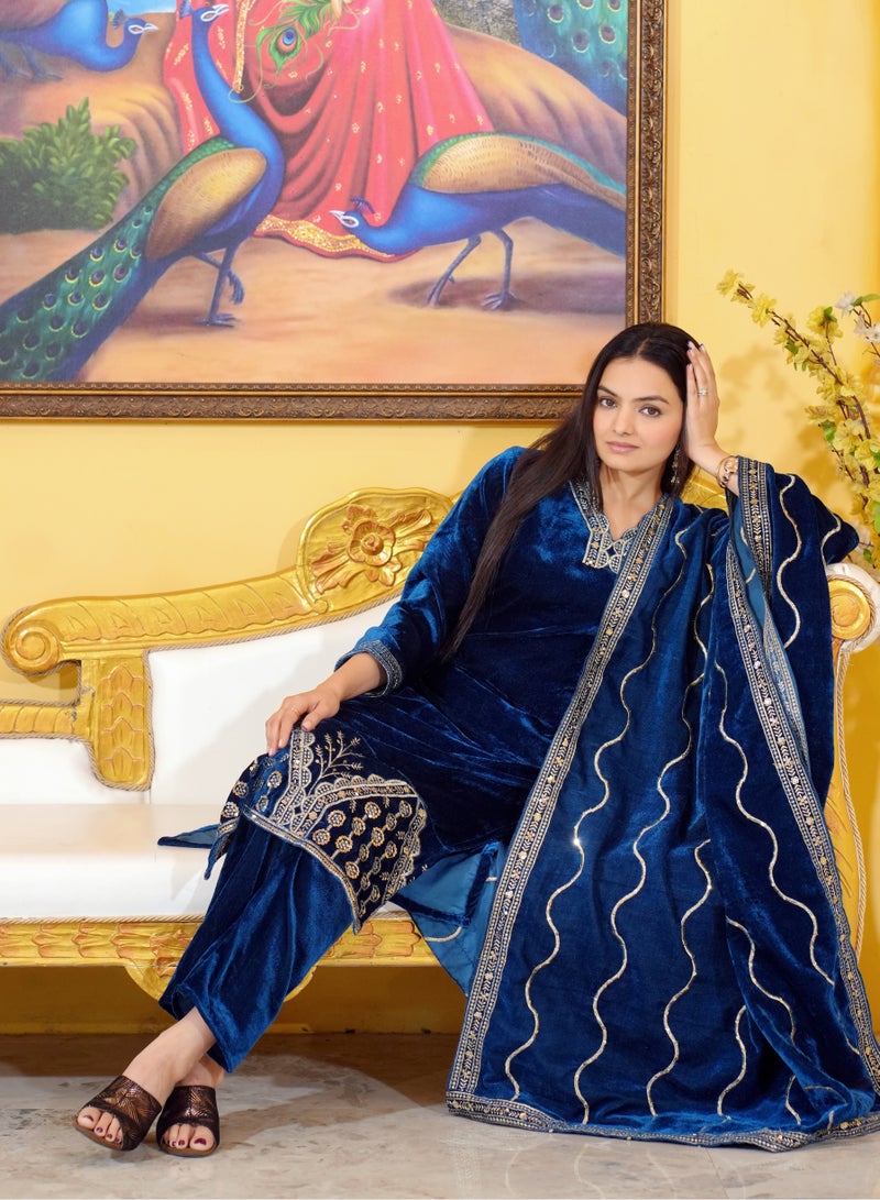Super Asian Velvet Anarkali Set with Sequence Embroidery, Micro Inner, Full-Stitched Pants & Velvet Dupatta - Image 2