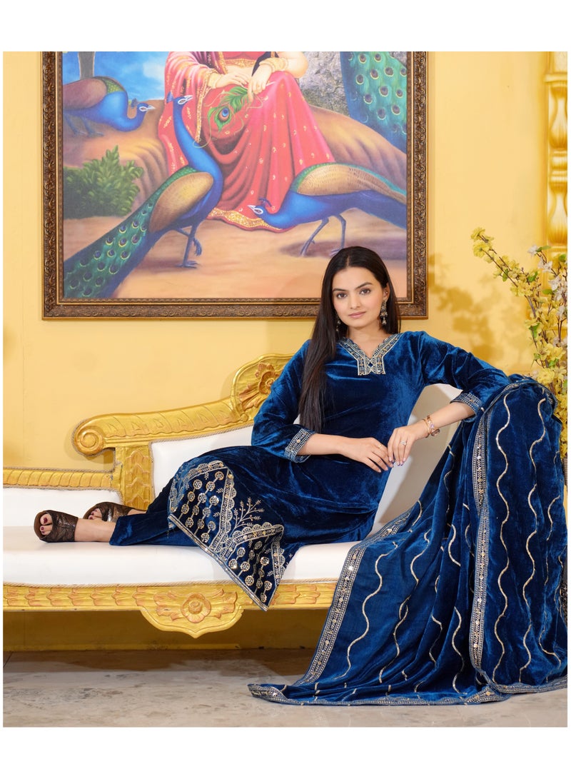 Super Asian Velvet Anarkali Set with Sequence Embroidery, Micro Inner, Full-Stitched Pants & Velvet Dupatta - Image 3