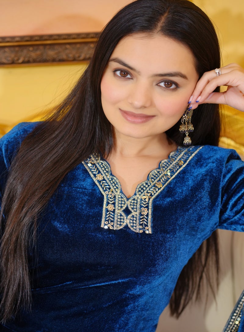 Super Asian Velvet Anarkali Set with Sequence Embroidery, Micro Inner, Full-Stitched Pants & Velvet Dupatta - Image 4