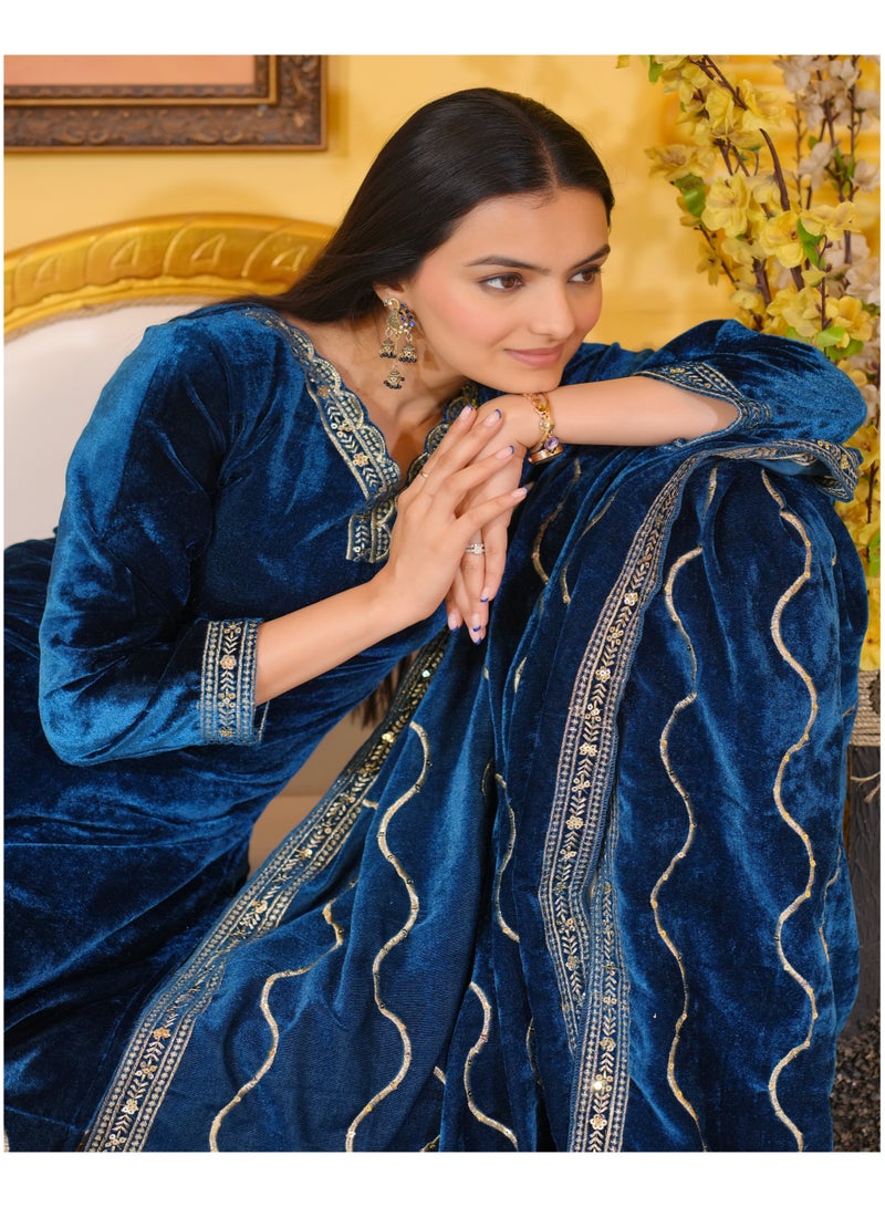 Super Asian Velvet Anarkali Set with Sequence Embroidery, Micro Inner, Full-Stitched Pants & Velvet Dupatta - Image 5
